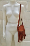 Rusty brown suede bag. Boho genuine leather bag with FRINGES. Dark camel messenger hippy bag. Small brown fringed suede purse.