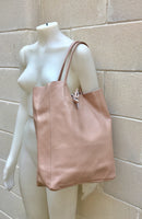 Tote leather bag in soft PINK. Leather shopper in pink. Soft natural GENUINE leather . Large pastel pink bag for your laptop, books