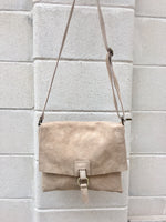 BOHO suede messenger leather bag in light BEIGE. Cross body bag in BEIGE suede. Soft genuine leather messenger bag. School bags