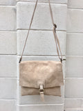 BOHO suede messenger leather bag in light BEIGE. Cross body bag in BEIGE suede. Soft genuine leather messenger bag. School bags