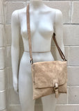 BOHO suede messenger leather bag in light BEIGE. Cross body bag in BEIGE suede. Soft genuine leather messenger bag. School bags