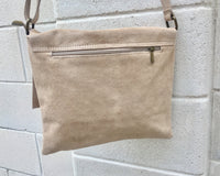 BOHO suede messenger leather bag in light BEIGE. Cross body bag in BEIGE suede. Soft genuine leather messenger bag. School bags