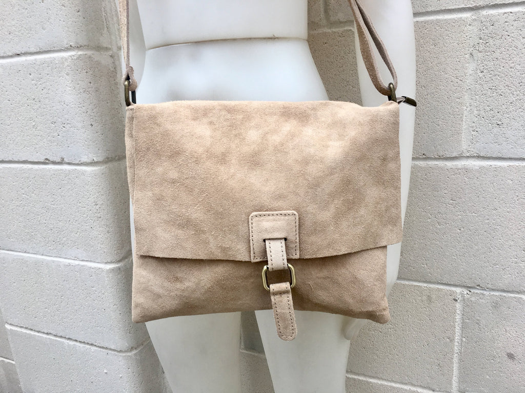 BOHO suede messenger leather bag in light BEIGE. Cross body bag in BEIGE suede. Soft genuine leather messenger bag. School bags
