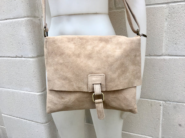 BOHO suede messenger leather bag in light BEIGE. Cross body bag in BEIGE suede. Soft genuine leather messenger bag. School bags