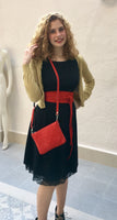 Small suede bag in RED with matching belt. Cross body bag and OBI belt set in suede leather. Adjustable strap and zipper