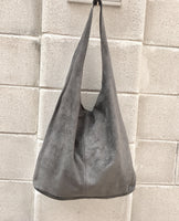 Slouch bag with ZIPPER.Large TOTE leather bag in GRAY. Soft natural suede genuine leather hobo bag. Bohemian bag. Grey suede bag.