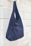 Slouch bag with ZIPPERLarge TOTE leather bag in NAVY blue. Soft natural suede genuine leather bag. Bohemian bag. NAVY suede bag.