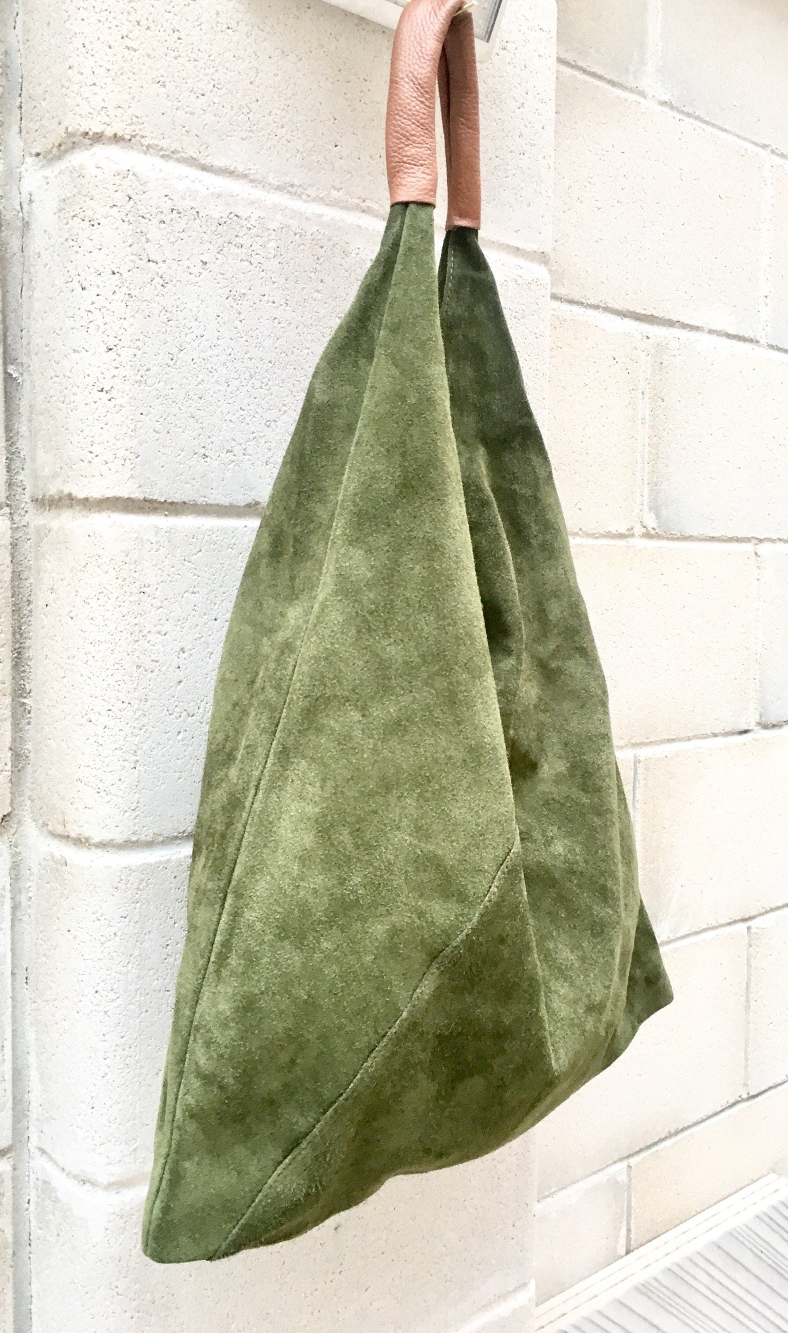 Slouch leather bag in moss GREEN . Large shoulder leather bag. Boho bag. Laptop bags in suede. Large suede leather bag. Origami purse.