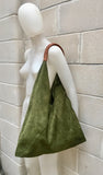 Slouch leather bag in moss GREEN . Large shoulder leather bag. Boho bag. Laptop bags in suede. Large suede leather bag. GREEN suede bag.