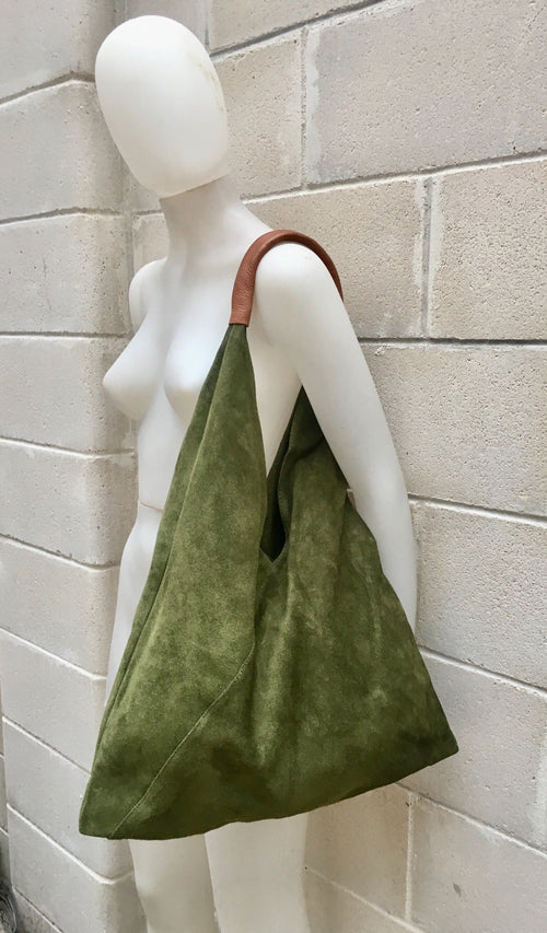 Slouch leather bag in moss GREEN . Large shoulder leather bag. Boho bag. Laptop bags in suede. Large suede leather bag. Origami purse.