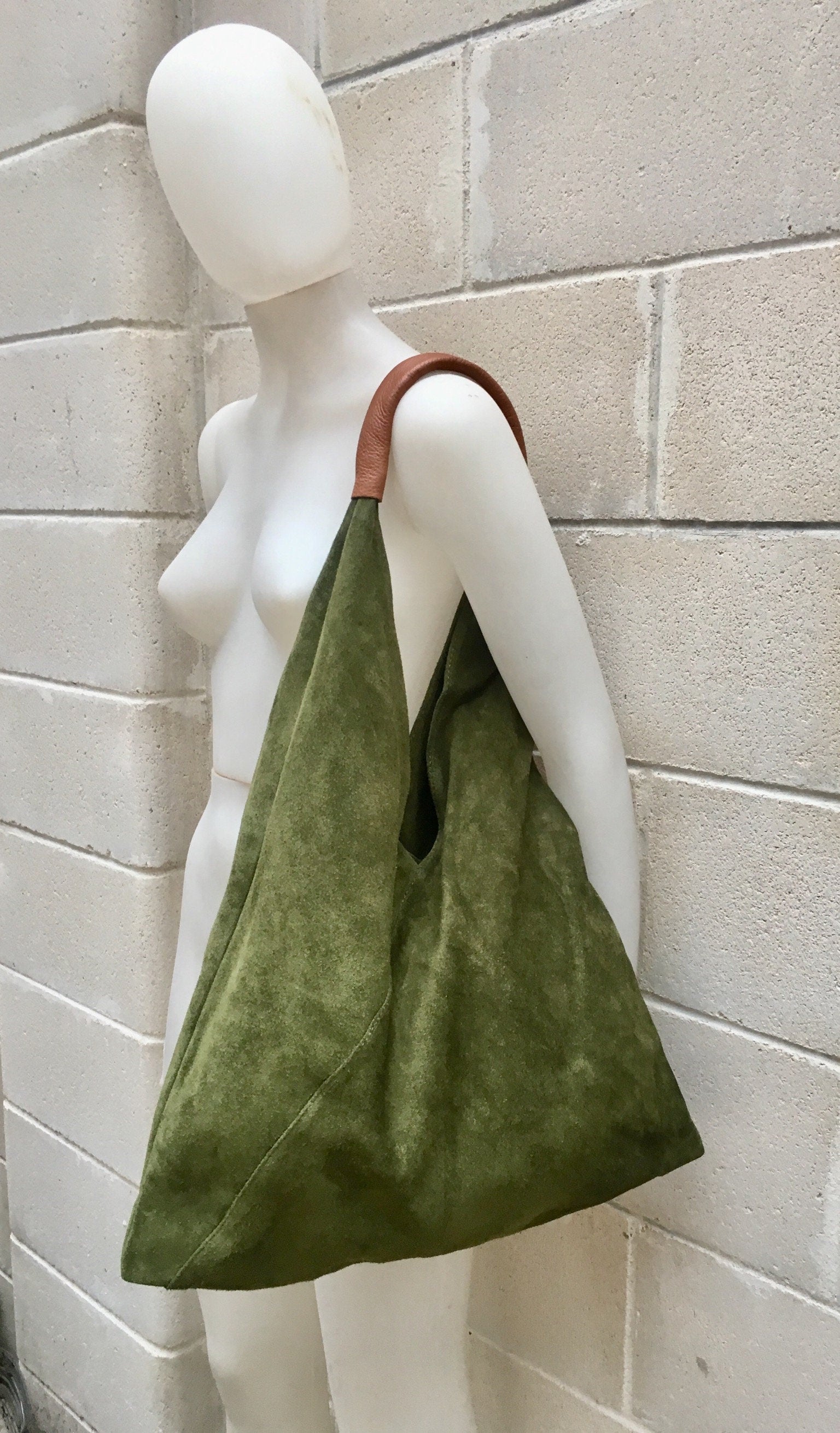 Slouch leather bag in moss GREEN . Large shoulder leather bag. Boho bag. Laptop bags in suede. Large suede leather bag. Origami purse.