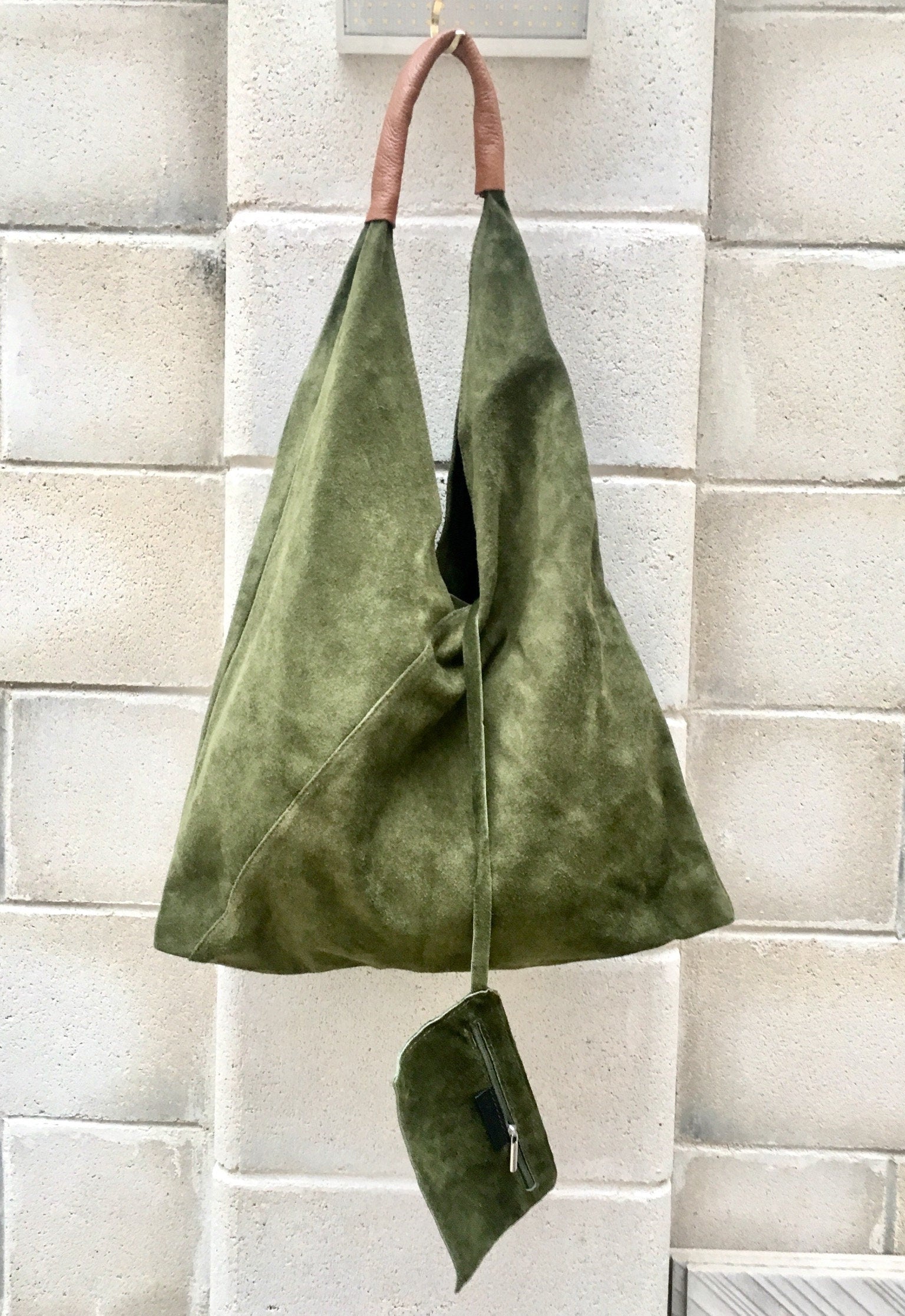Slouch leather bag in moss GREEN . Large shoulder leather bag. Boho bag. Laptop bags in suede. Large suede leather bag. Origami purse.