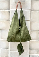 Slouch leather bag in moss GREEN . Large shoulder leather bag. Boho bag. Laptop bags in suede. Large suede leather bag. GREEN suede bag.