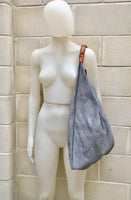 Slouch leather bag in GRAY . Large shoulder leather bag. Boho bag. Laptop bags in suede. Large suede leather bag. GRAY suede bag.