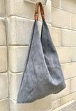 Slouch leather bag in GRAY . Large shoulder leather bag. Boho bag. Laptop bags in suede. Large suede leather bag. GRAY suede bag.