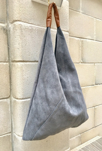 Slouch leather bag in GRAY . Large shoulder leather bag. Boho bag. Laptop bags in suede. Large suede leather bag. GRAY suede bag.