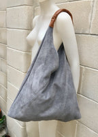 Slouch leather bag in GRAY . Large shoulder leather bag. Boho bag. Laptop bags in suede. Large suede leather bag. GRAY suede bag.