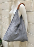 Slouch leather bag in GRAY . Large shoulder leather bag. Boho bag. Laptop bags in suede. Large suede leather bag. GRAY suede bag.