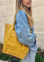 Mustard YELLOW tote leather bag. Soft natural GENUINE leather bag. Large yellow leather shopper with ZIPPER. Laptop or book bag in mustard.