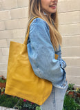 Tote leather bag in mustard YELLOW. Soft natural GENUINE leather bag. Large yellow leather shopper. Laptop or book bag in mustard.