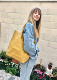 Tote leather bag in mustard YELLOW. Soft natural GENUINE leather bag. Large yellow leather shopper. Laptop or book bag in mustard.