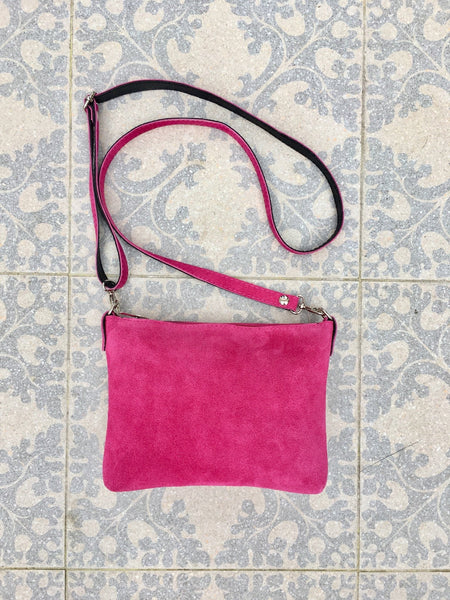 Suede leather bag in hot pink. Cross body bag, shoulder bag in GENUINE leather. Small fuchsia leather bag with adjustable strap and zipper