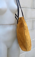 TOTE leather bag in MUSTARD yellow. Genuine soft natural suede. Yellow large leather bag. Yellow suede bag. Laptop bag in suede. Suede bag.