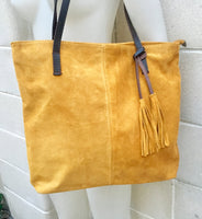 TOTE leather bag in MUSTARD yellow. Genuine soft natural suede. Yellow large leather bag. Yellow suede bag. Laptop bag in suede. Suede bag.