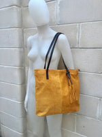 TOTE leather bag in MUSTARD yellow. Genuine soft natural suede. Yellow large leather bag. Yellow suede bag. Laptop bag in suede. Suede bag.