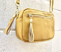 Small leather bag in MUSTARD yellow. GENUINE leather cross body bag, shoulder bag. Yellow - GOLD bag with adjustable strap and zippers
