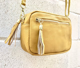 Small leather bag in MUSTARD yellow. GENUINE leather cross body bag, shoulder bag. Yellow - GOLD bag with adjustable strap and zippers