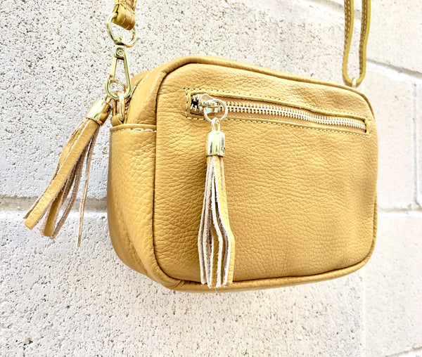 Small leather bag in MUSTARD yellow. GENUINE leather cross body bag, shoulder bag. Yellow - GOLD bag with adjustable strap and zippers
