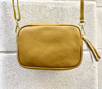 Small leather bag in MUSTARD yellow. GENUINE leather cross body bag, shoulder bag. Yellow - GOLD bag with adjustable strap and zippers