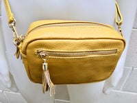 Small leather bag in MUSTARD yellow. GENUINE leather cross body bag, shoulder bag. Yellow - GOLD bag with adjustable strap and zippers