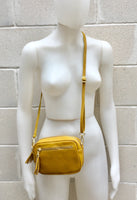 Small leather bag in MUSTARD yellow. GENUINE leather cross body bag, shoulder bag. Yellow - GOLD bag with adjustable strap and zippers