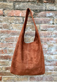 Slouch bag. TOTE leather bag in camel BROWN.Tobacco color genuine leather bag. Laptop bag in suede with ZIPPER. Suede bag for tablets,books.