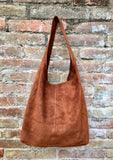 Slouch bag.TOTE leather bag in camel BROWN.Tobacco color genuine leather bag. Laptop bag in suede for tablets,books. Rusty brown suede purse