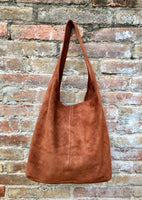 Slouch bag. TOTE leather bag in camel BROWN.Tobacco color genuine leather bag. Laptop bag in suede with ZIPPER. Suede bag for tablets,books.