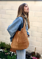 Slouch bag.TOTE leather bag in camel BROWN.Tobacco color genuine leather bag. Laptop bag in suede for tablets,books. Rusty brown suede purse