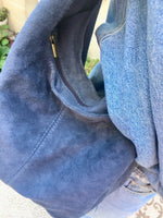 Slouch bag.Large TOTE leather bag in blue with ZIPPER. Soft suede genuine leather bag. Boho book, tablet or laptop bag. Blue suede shopper