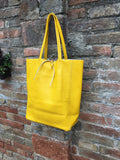 Tote leather bag in bright YELLOW. Soft natural GENUINE leather bag. Large yellow leather shopper.Laptop or book bag in yellow soft leather