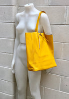 Tote leather bag in bright YELLOW. Soft natural GENUINE leather bag. Large yellow leather shopper.Laptop or book bag in yellow soft leather