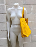 Tote leather bag in bright YELLOW. Soft natural GENUINE leather bag. Large yellow leather shopper.Laptop or book bag in yellow soft leather