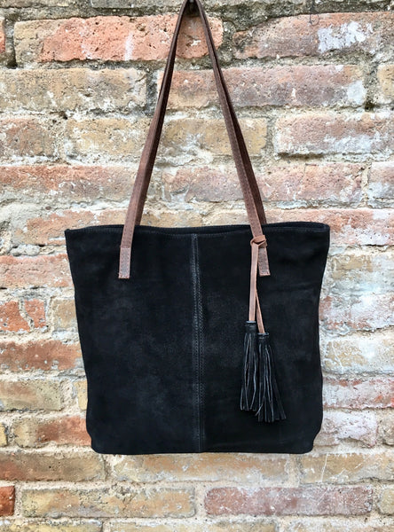 TOTE leather bag in BLACK . Genuine soft natural suede. Black genuine leather SHOPPER bag. Laptop bag, book or tablet bag in soft suede.