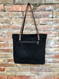 TOTE leather bag in BLACK . Genuine soft natural suede. Black genuine leather SHOPPER bag. Laptop bag, book or tablet bag in soft suede.