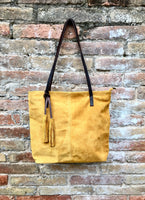 TOTE leather bag in MUSTARD yellow. Genuine soft natural suede. Yellow large leather bag. Yellow suede bag. Laptop bag in suede. Suede bag.