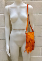 Cross body bag. BOHO suede leather bag in ORANGE with FRINGES. Boho messenger bag in soft genuine suede leather. Orange crossbody hippy bag