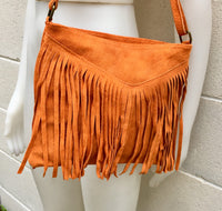 Cross body bag. BOHO suede leather bag in ORANGE with FRINGES. Boho messenger bag in soft genuine suede leather. Orange crossbody hippy bag