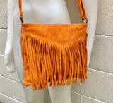 Cross body bag. BOHO suede leather bag in ORANGE with FRINGES. Boho messenger bag in soft genuine suede leather. Orange crossbody hippy bag