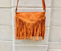 Cross body bag. BOHO suede leather bag in ORANGE with FRINGES. Boho messenger bag in soft genuine suede leather. Orange crossbody hippy bag